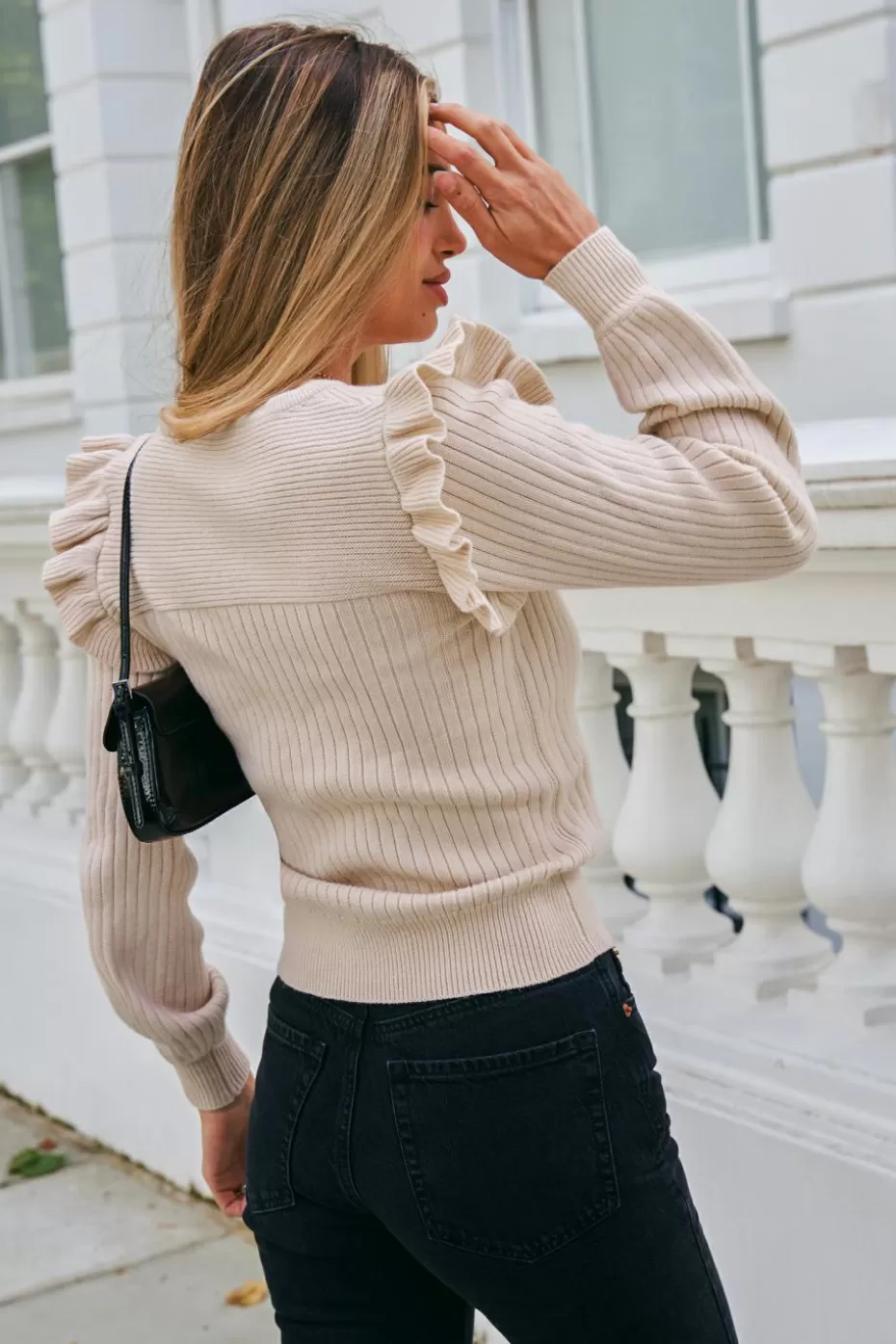 Discount Cupshe Round Neck Ruffled Knit Sweater Apricot