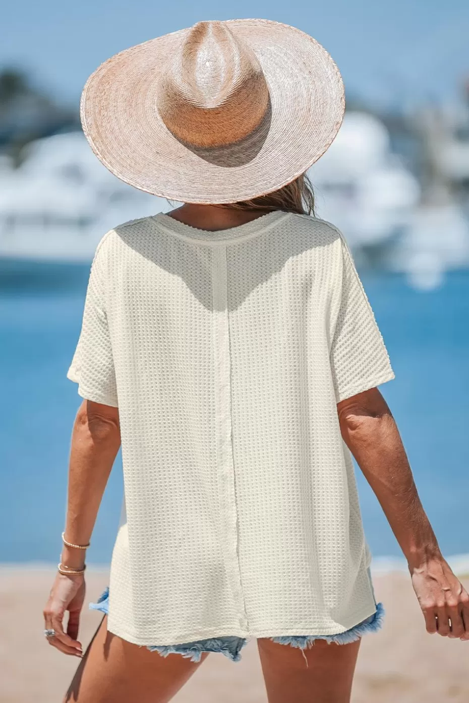 Shop Cupshe Round Neck Short Sleeve Waffle Knit Tee Apricot