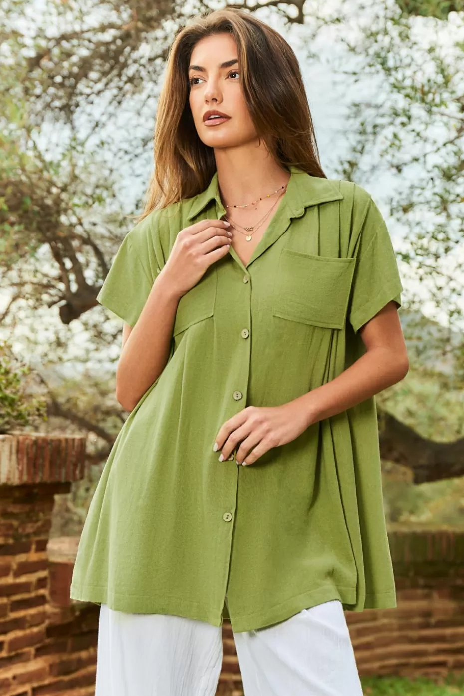 Discount Cupshe Ruched Button-Front Shirt Green-Green