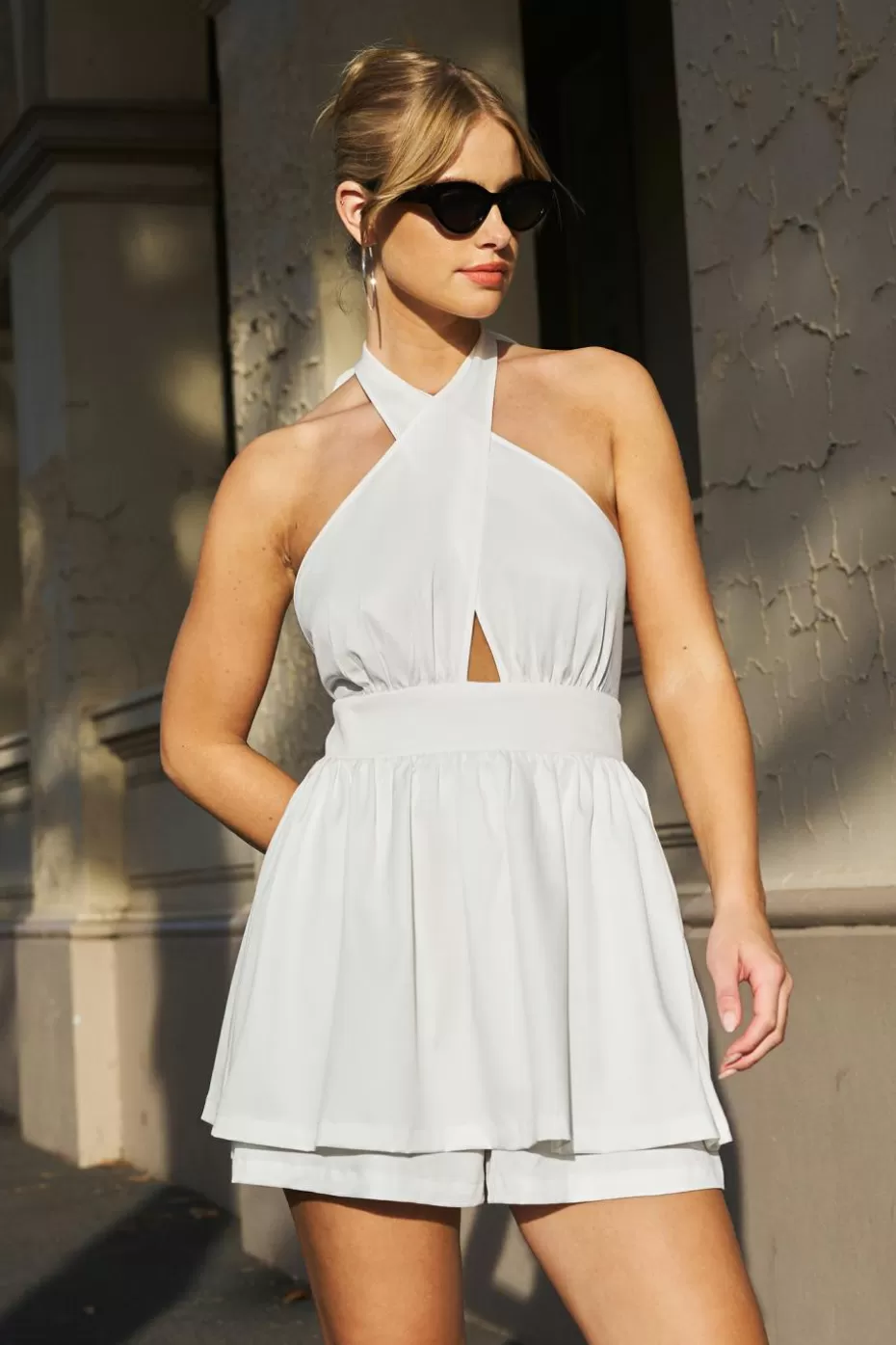 Discount Cupshe Ruched Crossover Halter Romper White