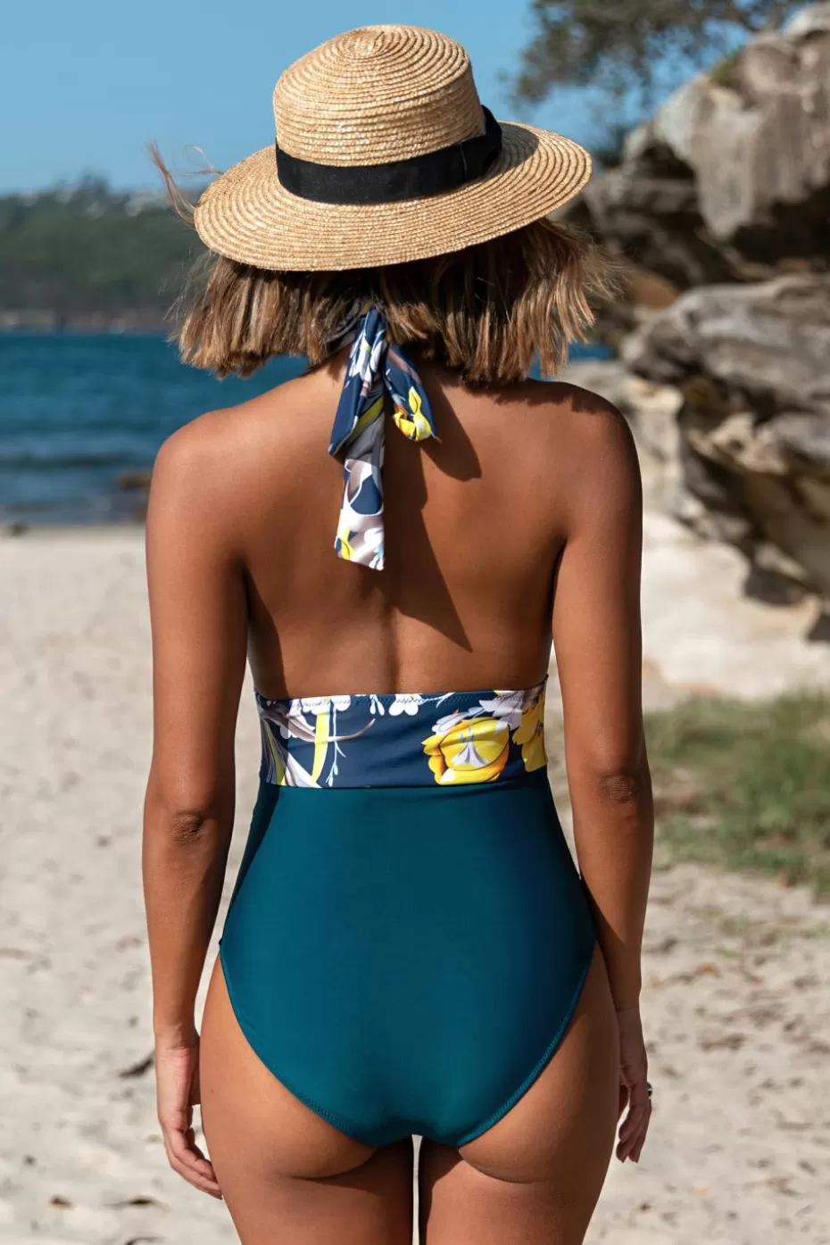 Clearance Cupshe Ruched Halter Tummy Control Blue One Piece Swimsuit Navy/White