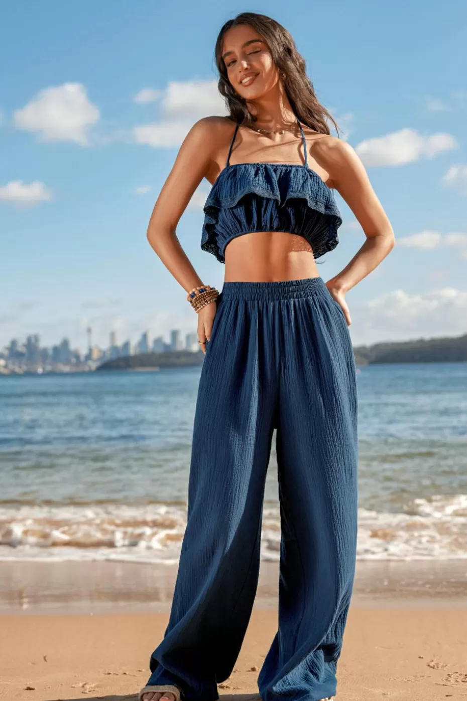 Cheap Cupshe Ruffled Halterneck Crop Top Navy