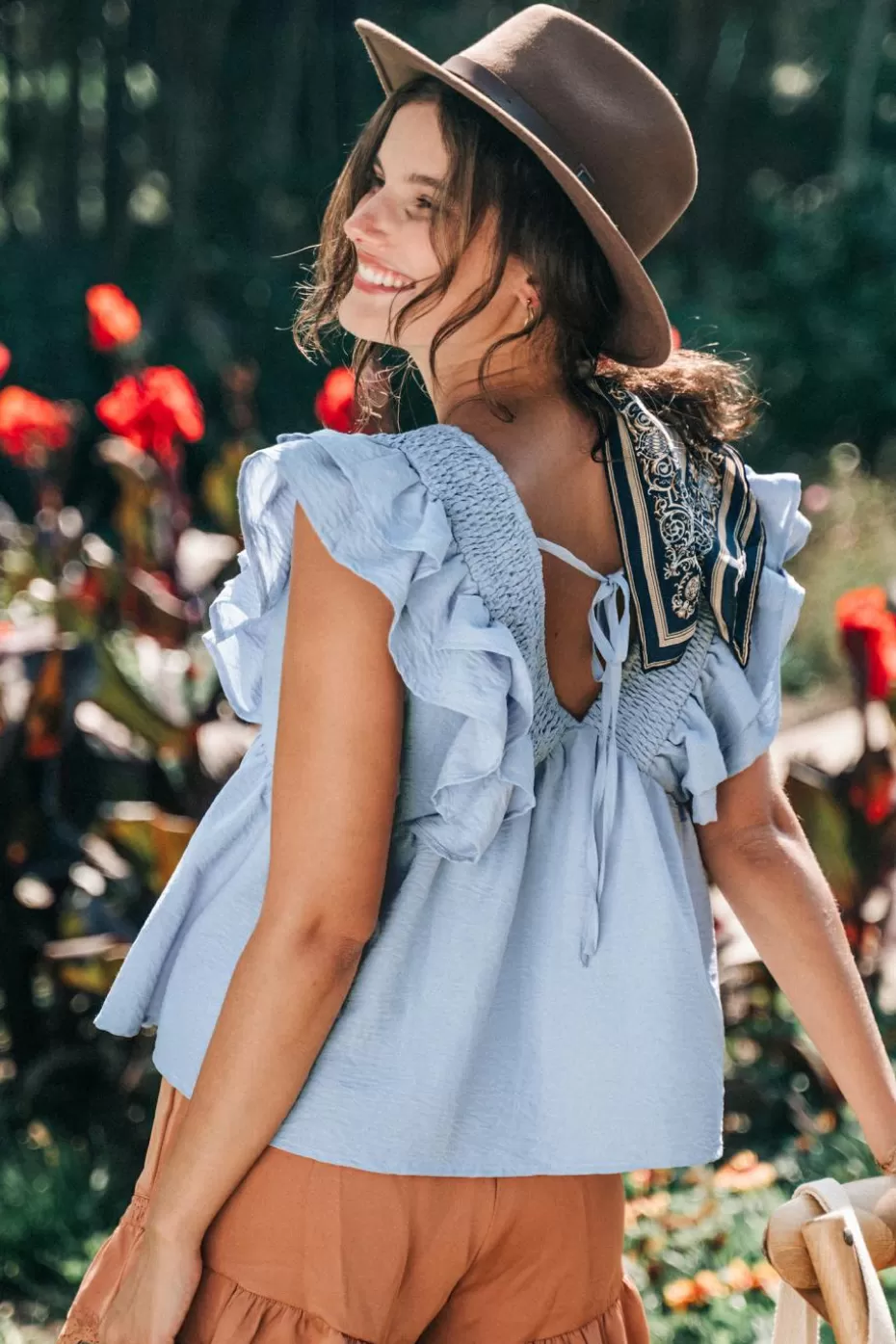 Sale Cupshe Ruffled Smocked Top Light Blue
