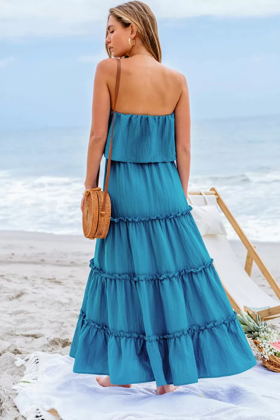 Clearance Cupshe Ruffled Tiered Maxi Tube Dress Blue-Blue