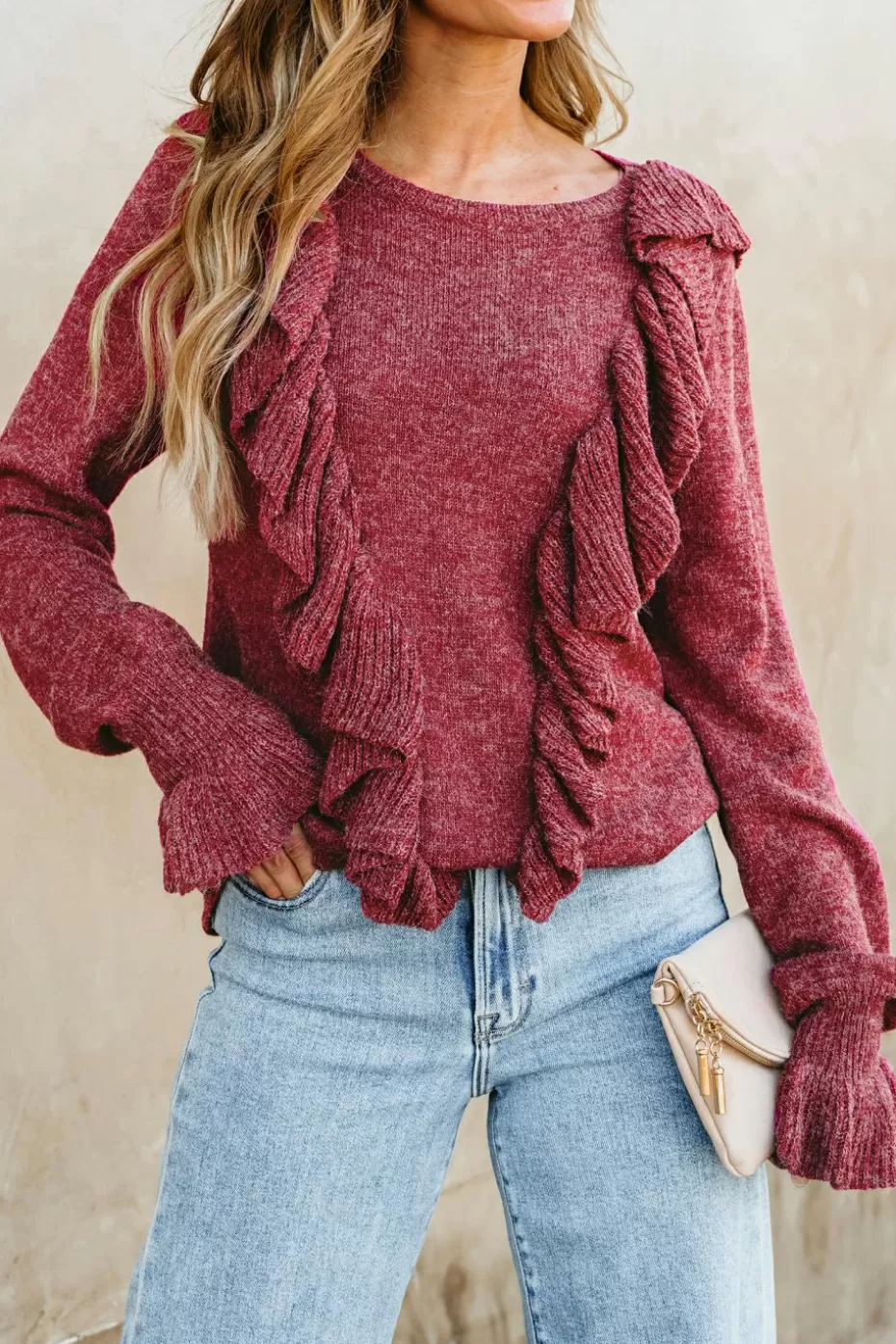 Shop Cupshe Ruffled Trumpet Sleeve Sweater Red