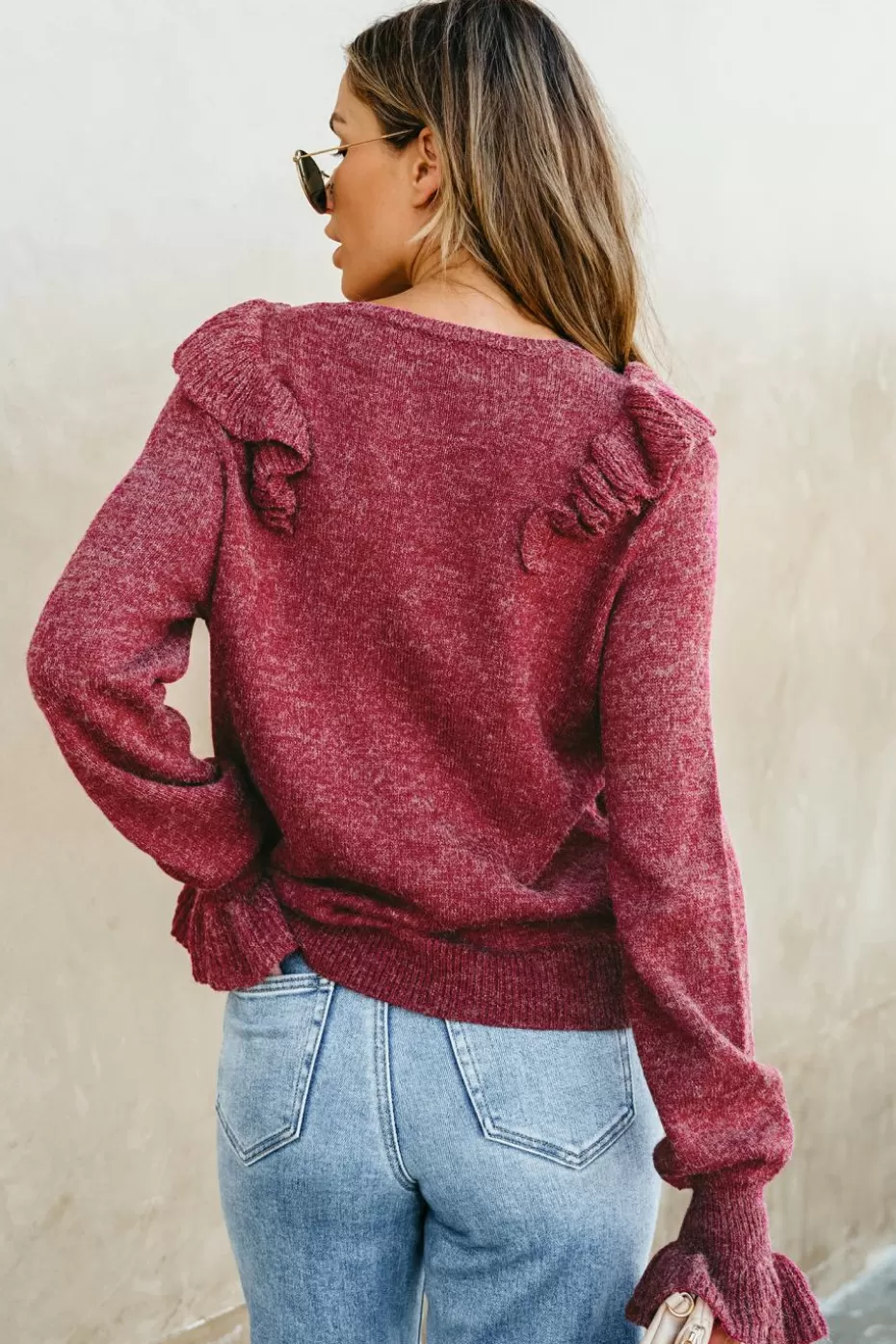 Shop Cupshe Ruffled Trumpet Sleeve Sweater Red