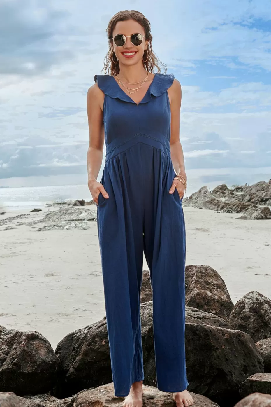Store Cupshe Ruffled V-Neck Wide Leg Jumpsuit Navy