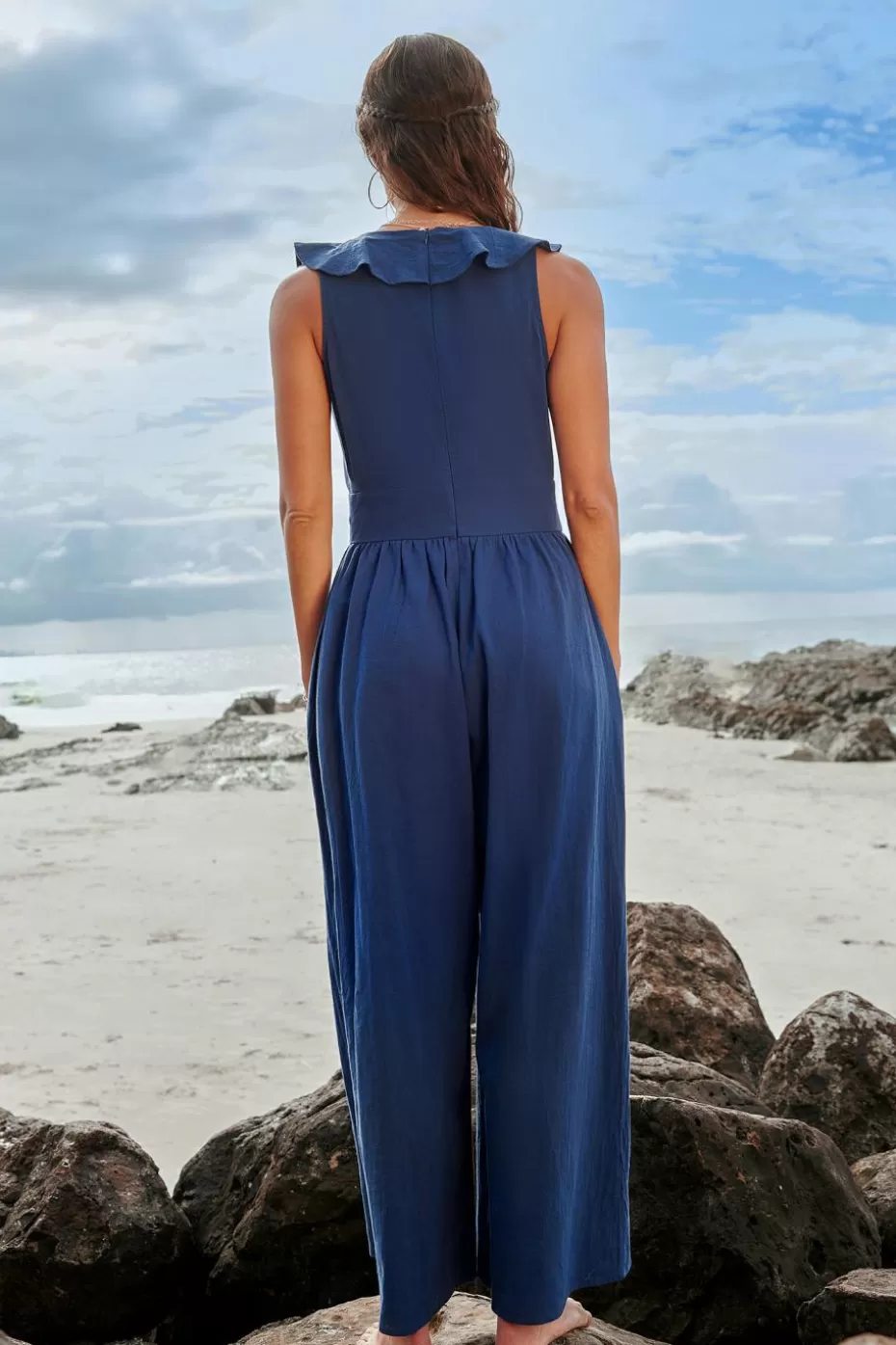 Store Cupshe Ruffled V-Neck Wide Leg Jumpsuit Navy