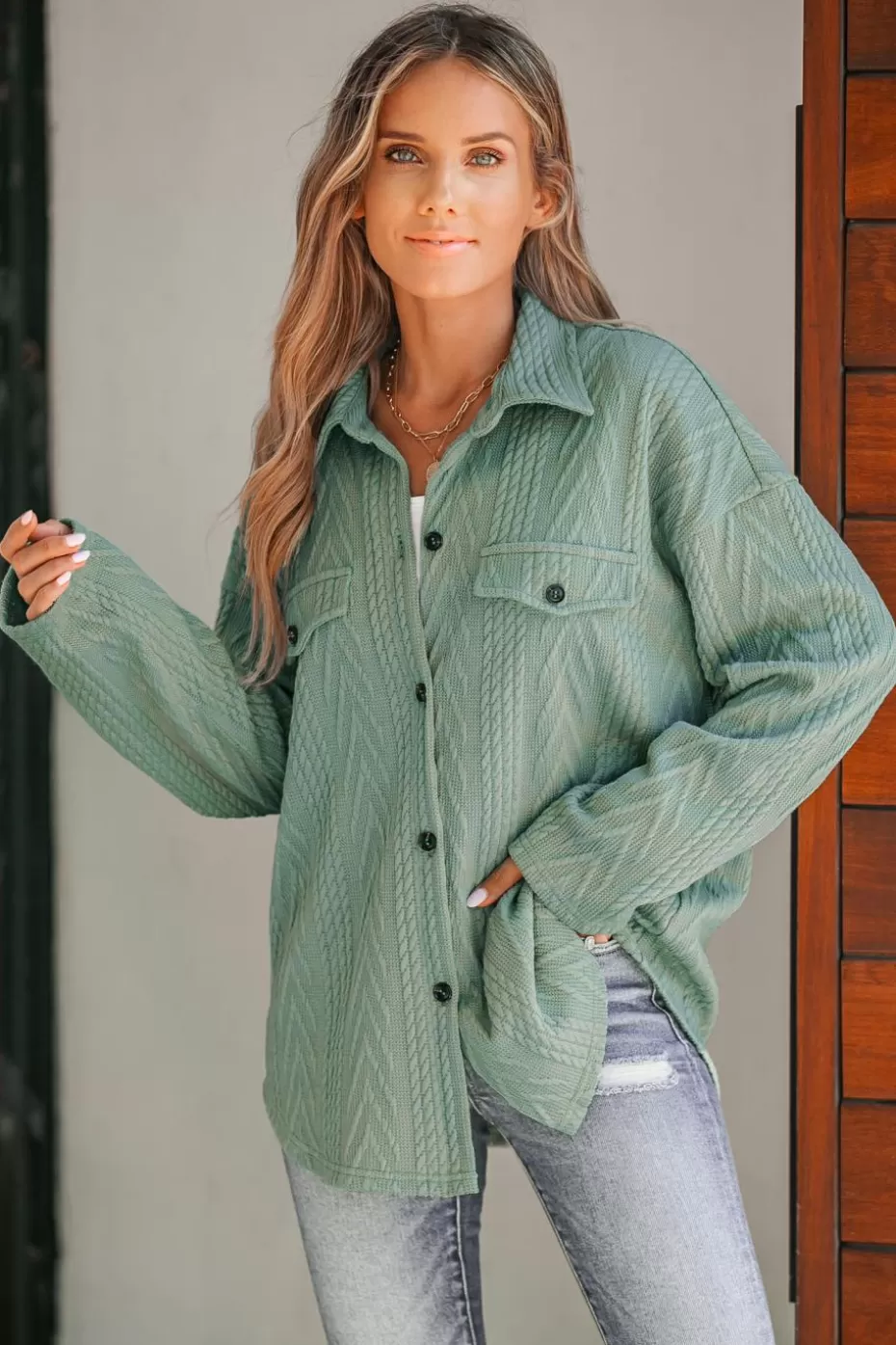 Flash Sale Cupshe Sage Textured Button-Front Shacket Green