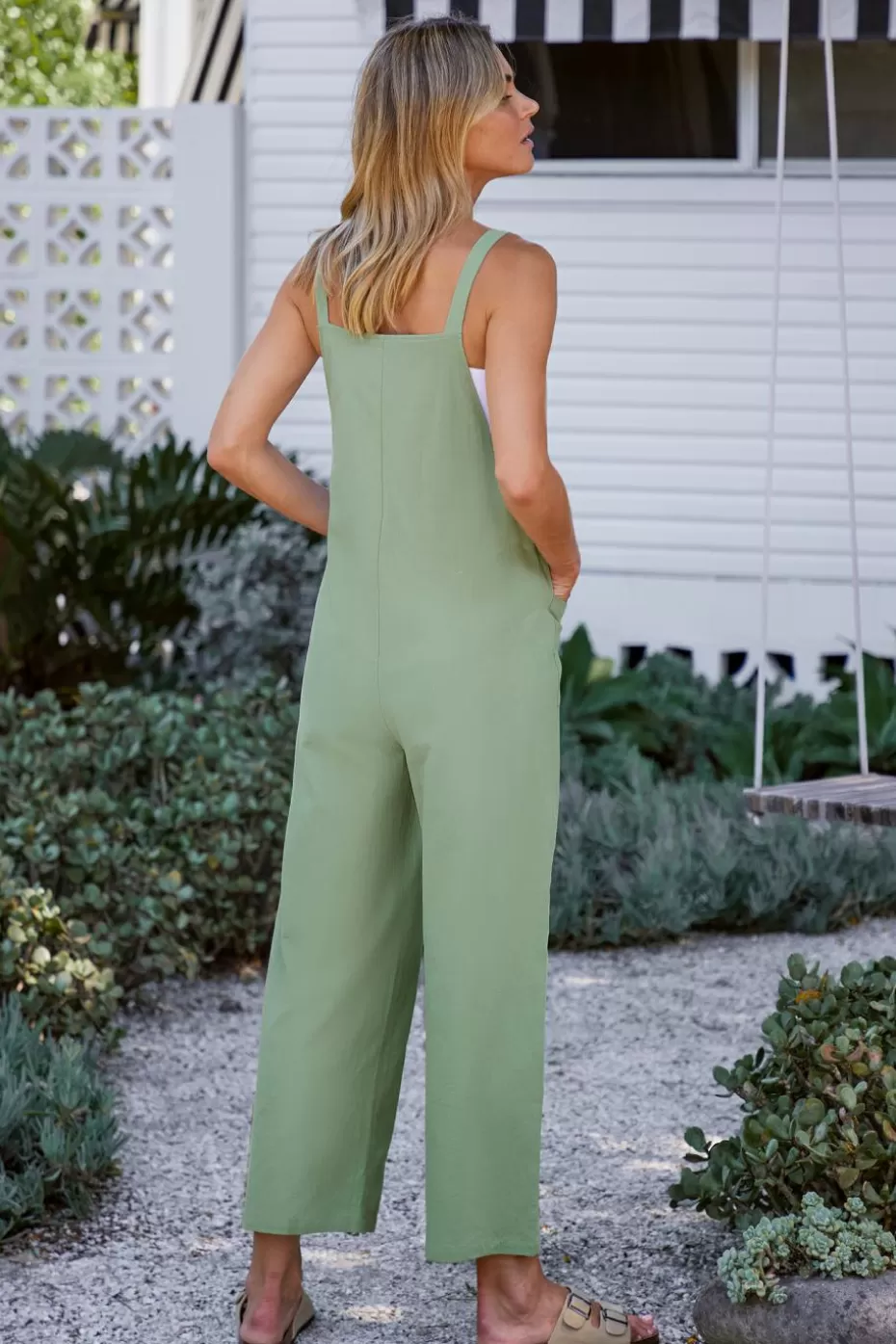 Best Sale Cupshe Sage Square Neck Patch Pocket Pinafore Jumpsuit Light Green