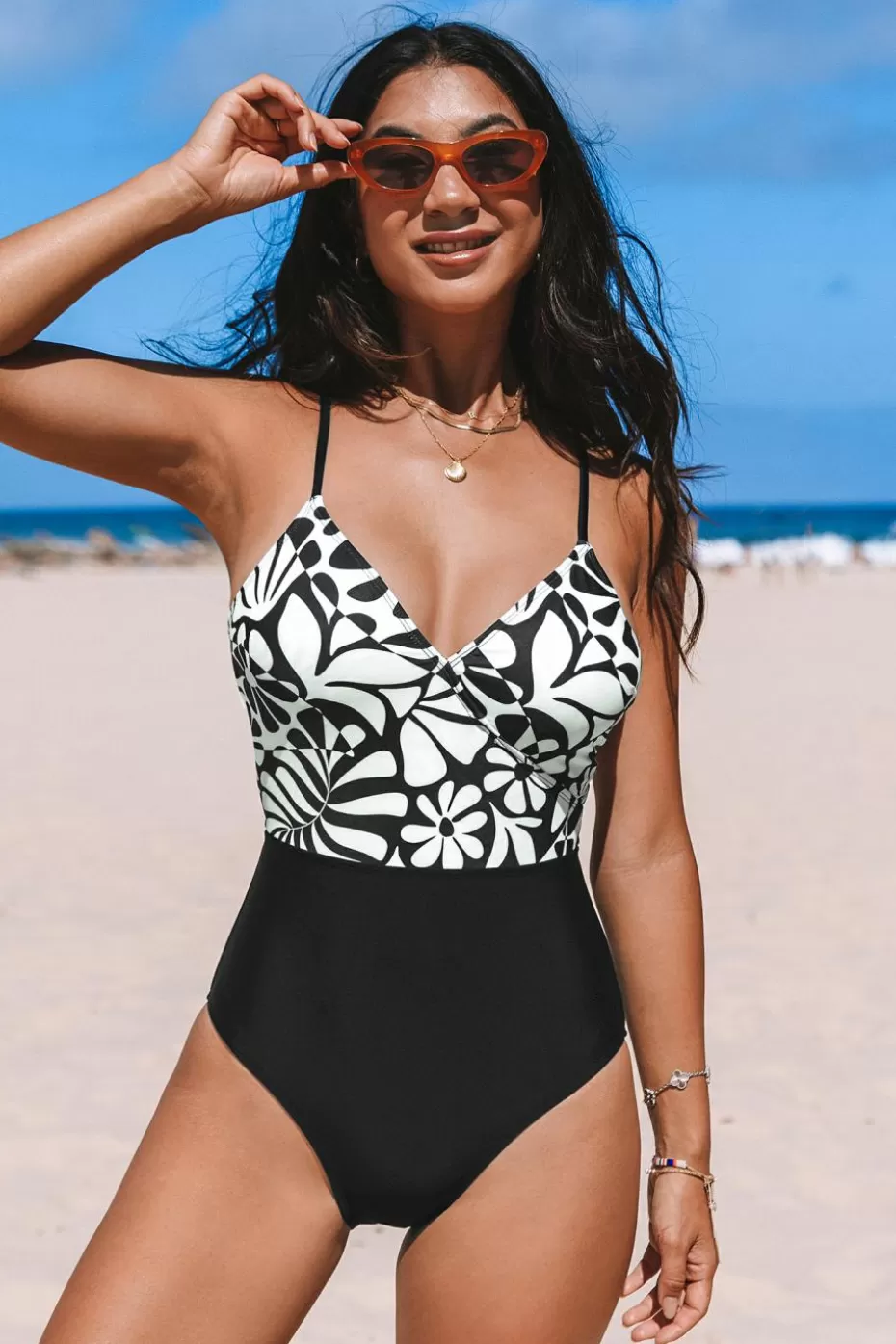 Hot Cupshe Seaside Stamp Retro Cross Back One-Piece Black-Special color
