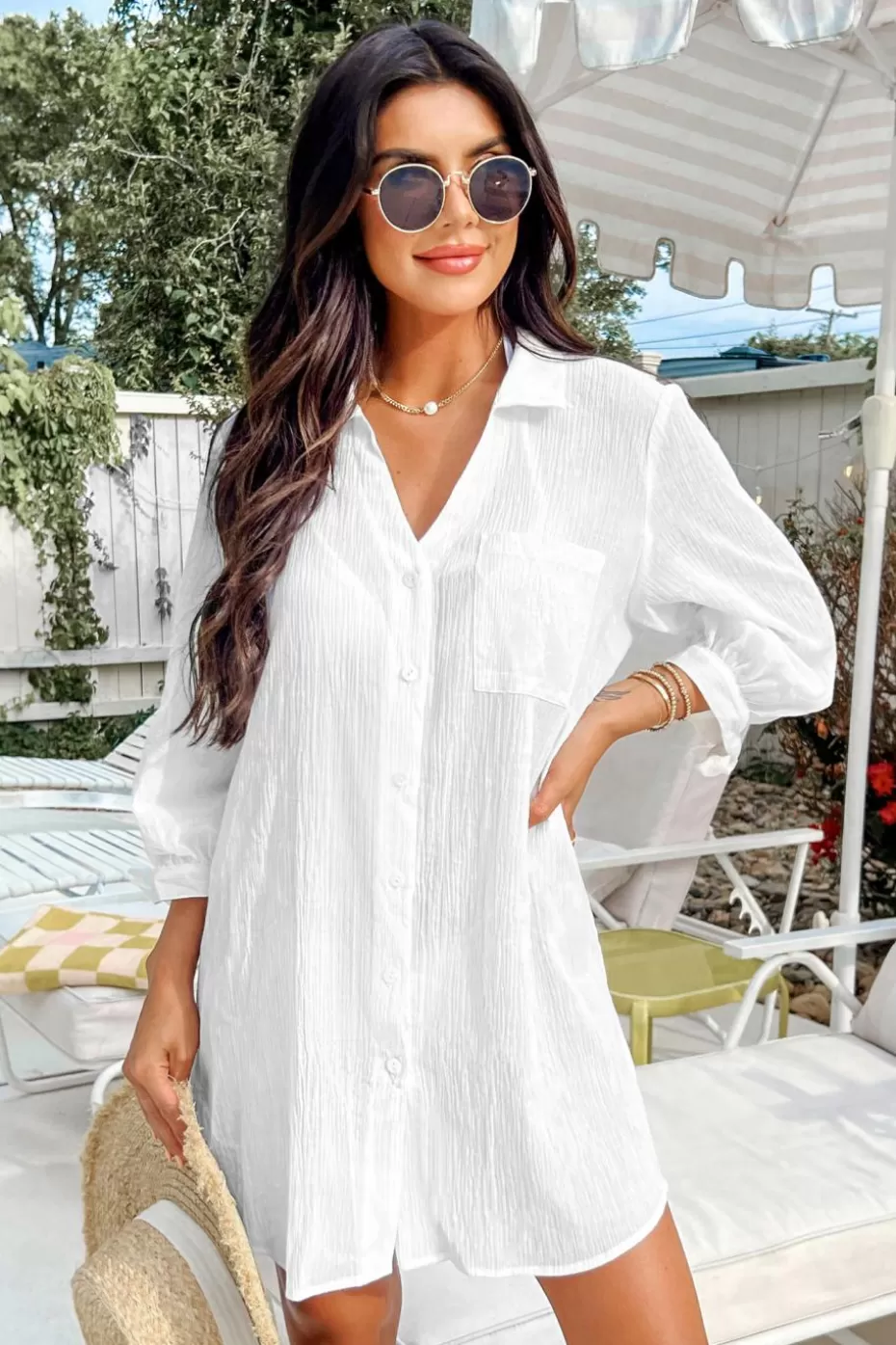 Hot Cupshe Seersucker Tie Cuff Cover-Up Dress White