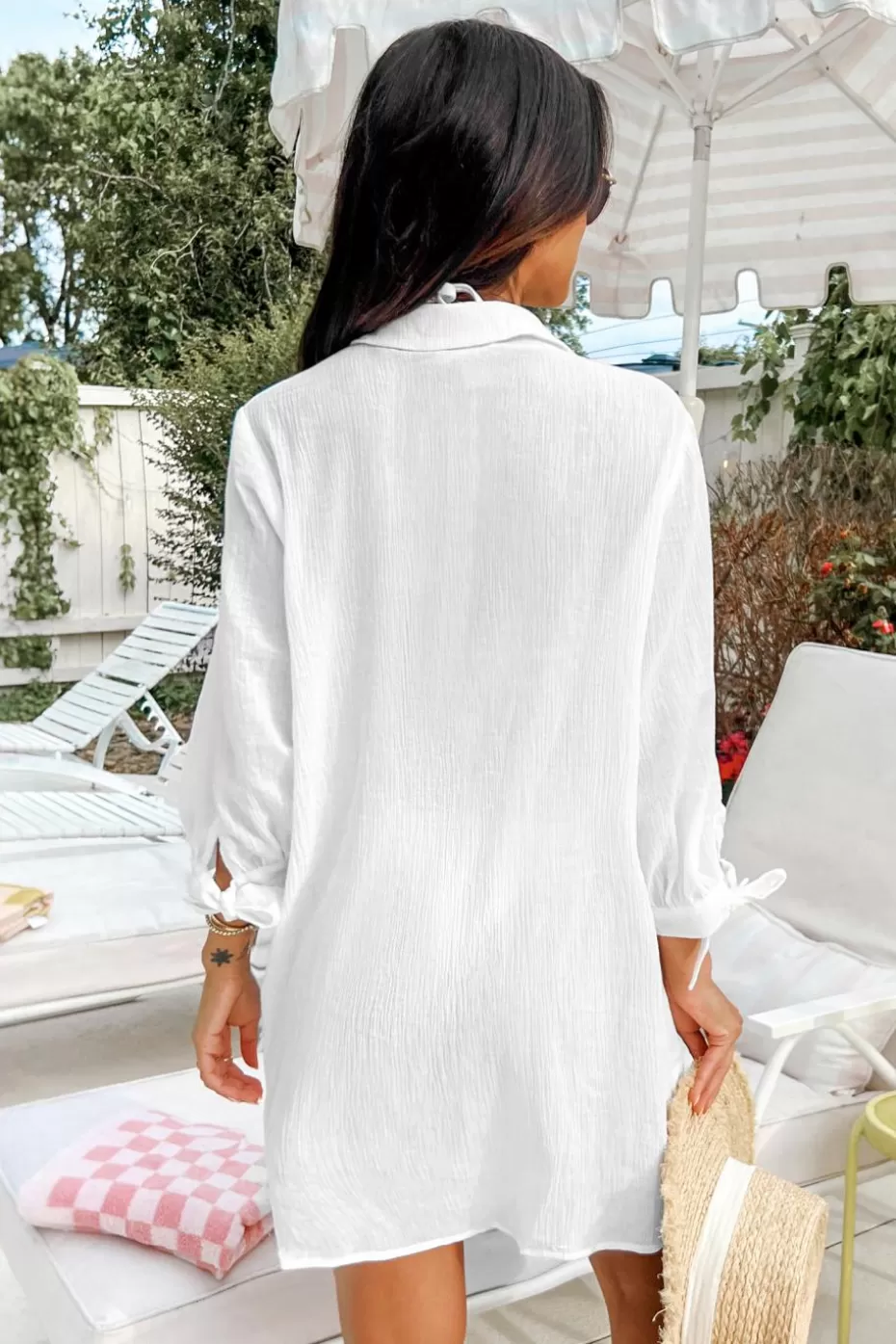 Hot Cupshe Seersucker Tie Cuff Cover-Up Dress White