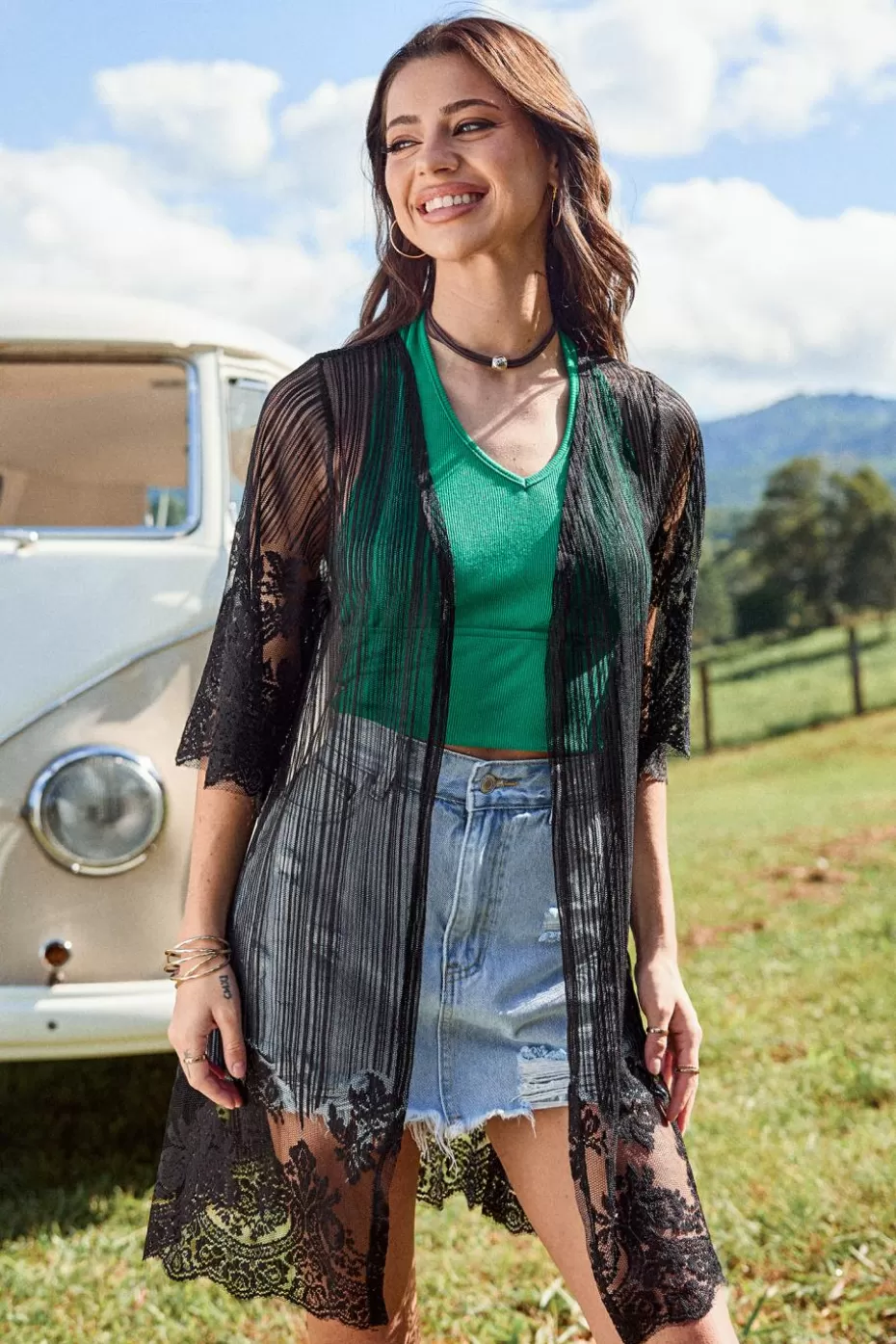 Hot Cupshe Sheer Embroidered Open Front Top Black
