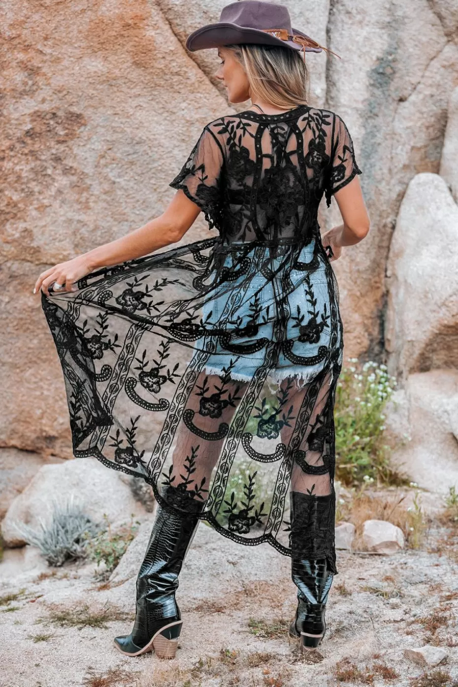 Shop Cupshe Sheer Floral Open Front Maxi Cover-Up Black
