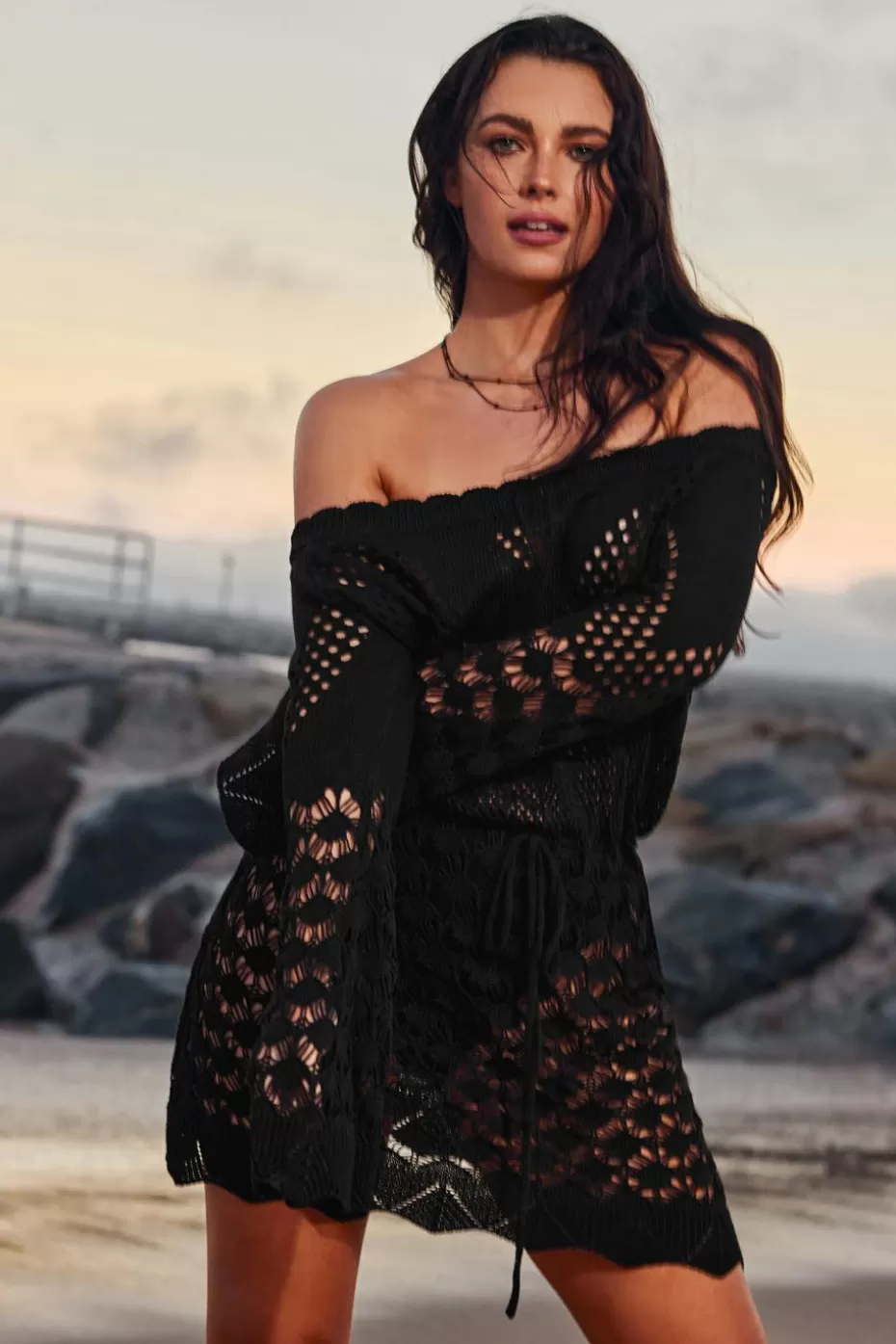 Flash Sale Cupshe Sheer Crochet Off-Shoulder Cover-Up Dress Black