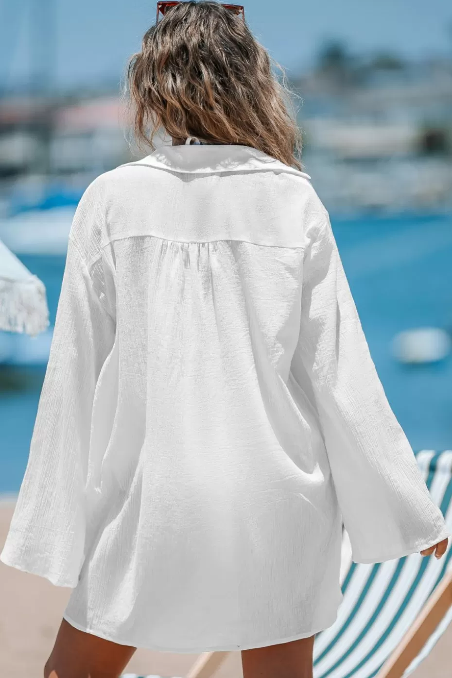 Hot Cupshe Sheer Tie-Front Long Sleeve Cover-Up Dress White