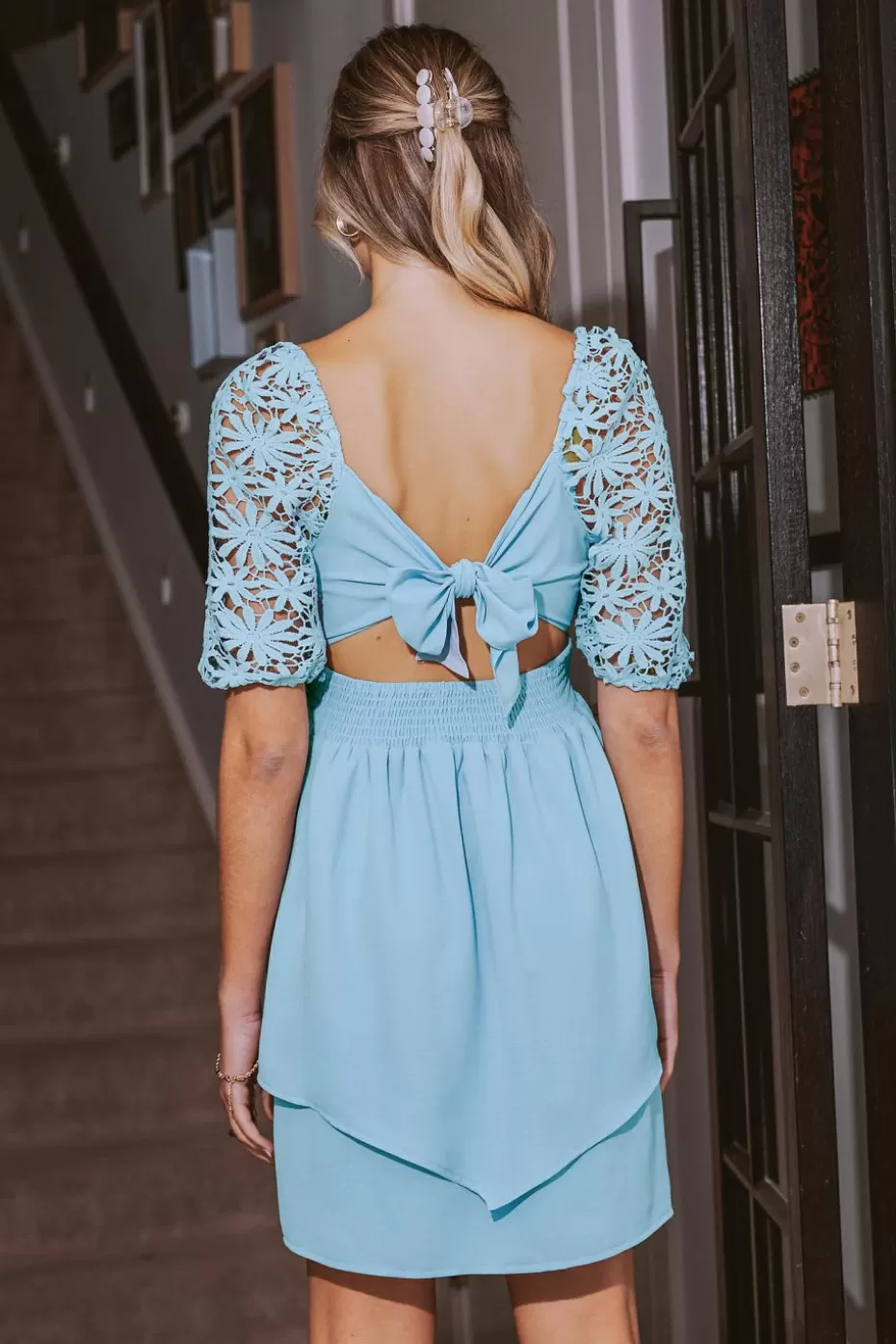 Store Cupshe Blue Square Neck Floral Lace Sleeve Mini Dress Sky