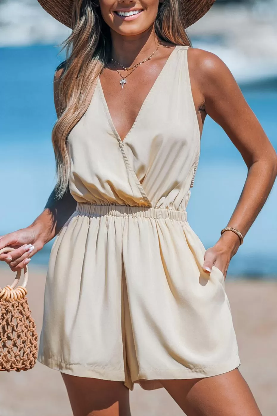 Online Cupshe Sleeveless Surplice V-Neck Cover-Up Romper Apricot