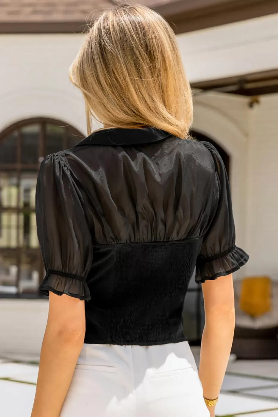 Fashion Cupshe Smocked Bubble Sleeve Top Black