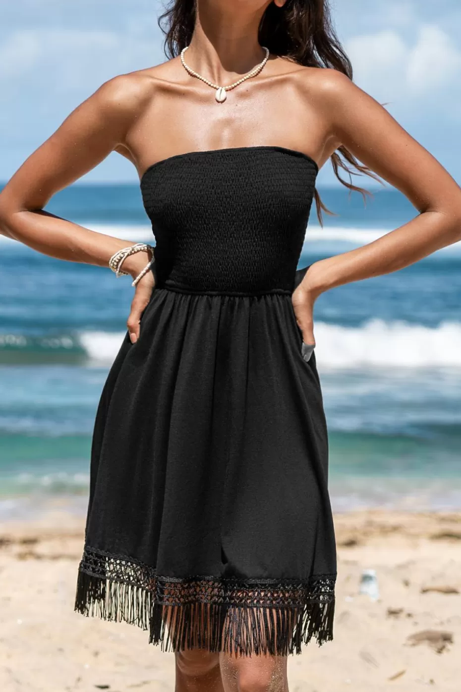 Discount Cupshe Smocked Fringe Cover-Up Dress Black