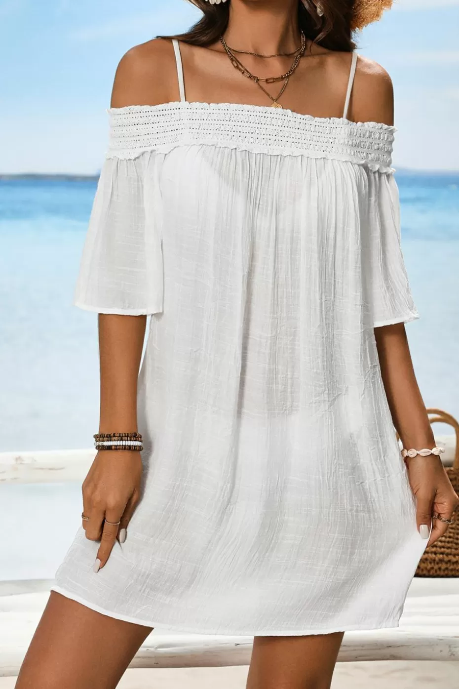 Clearance Cupshe Smocked Off-Shoulder Cover-Up Dress White