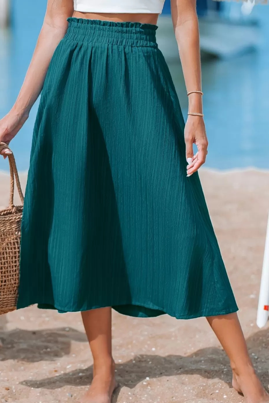 Clearance Cupshe Smocked Paperbag Waist Midi Skirt Blue