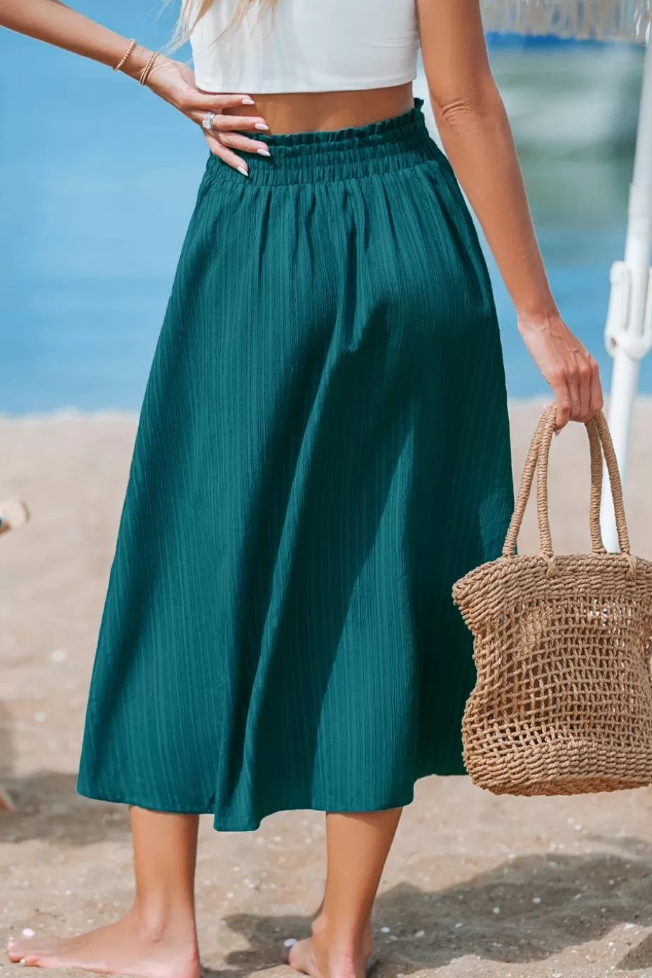 Clearance Cupshe Smocked Paperbag Waist Midi Skirt Blue