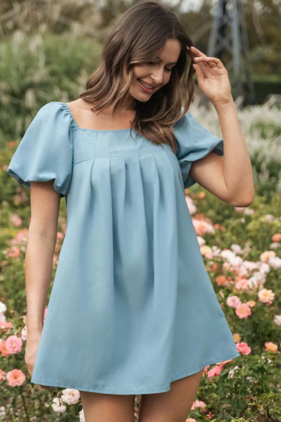 Online Cupshe Soft Square Neck Puff Sleeve Mini Dress Blue