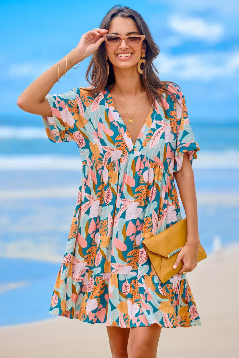Best Cupshe Soft Tropics Short Sleeve Mini Dress Multi