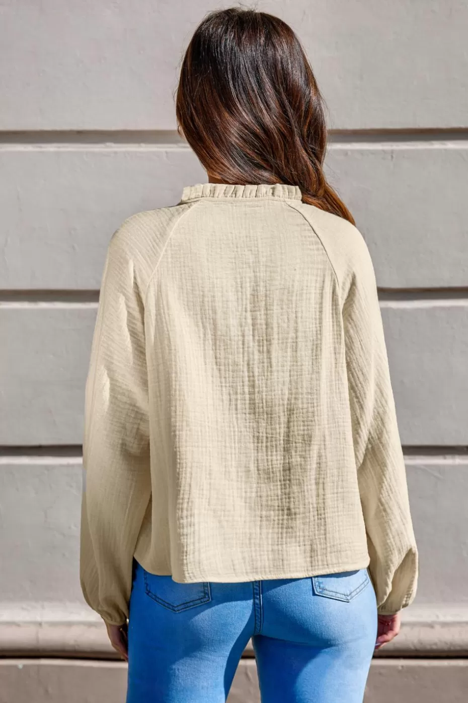 Sale Cupshe Split Neck Blouson Sleeve Top Apricot