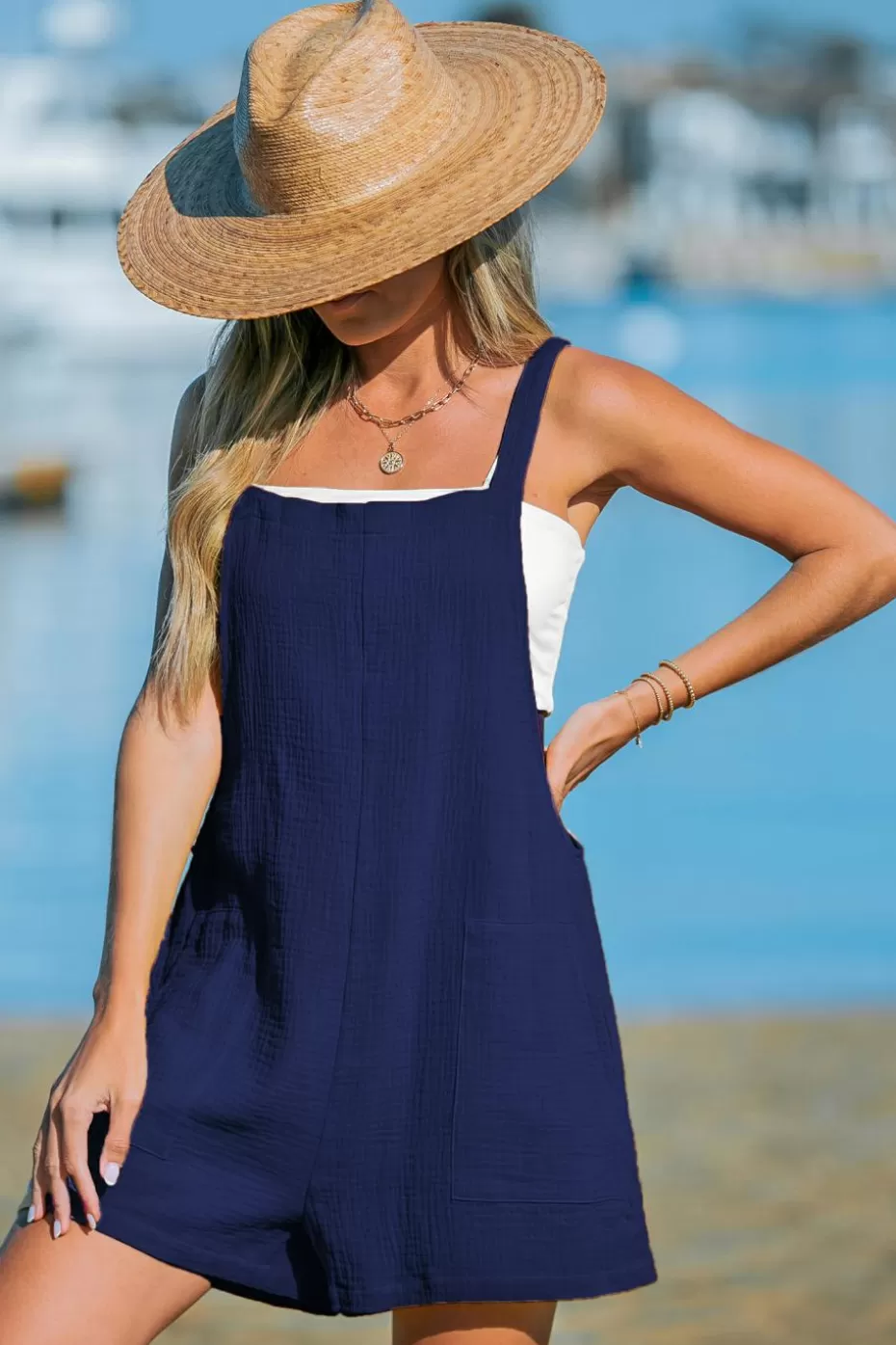 Flash Sale Cupshe Square Neck Sleeveless Wide Leg Romper Navy