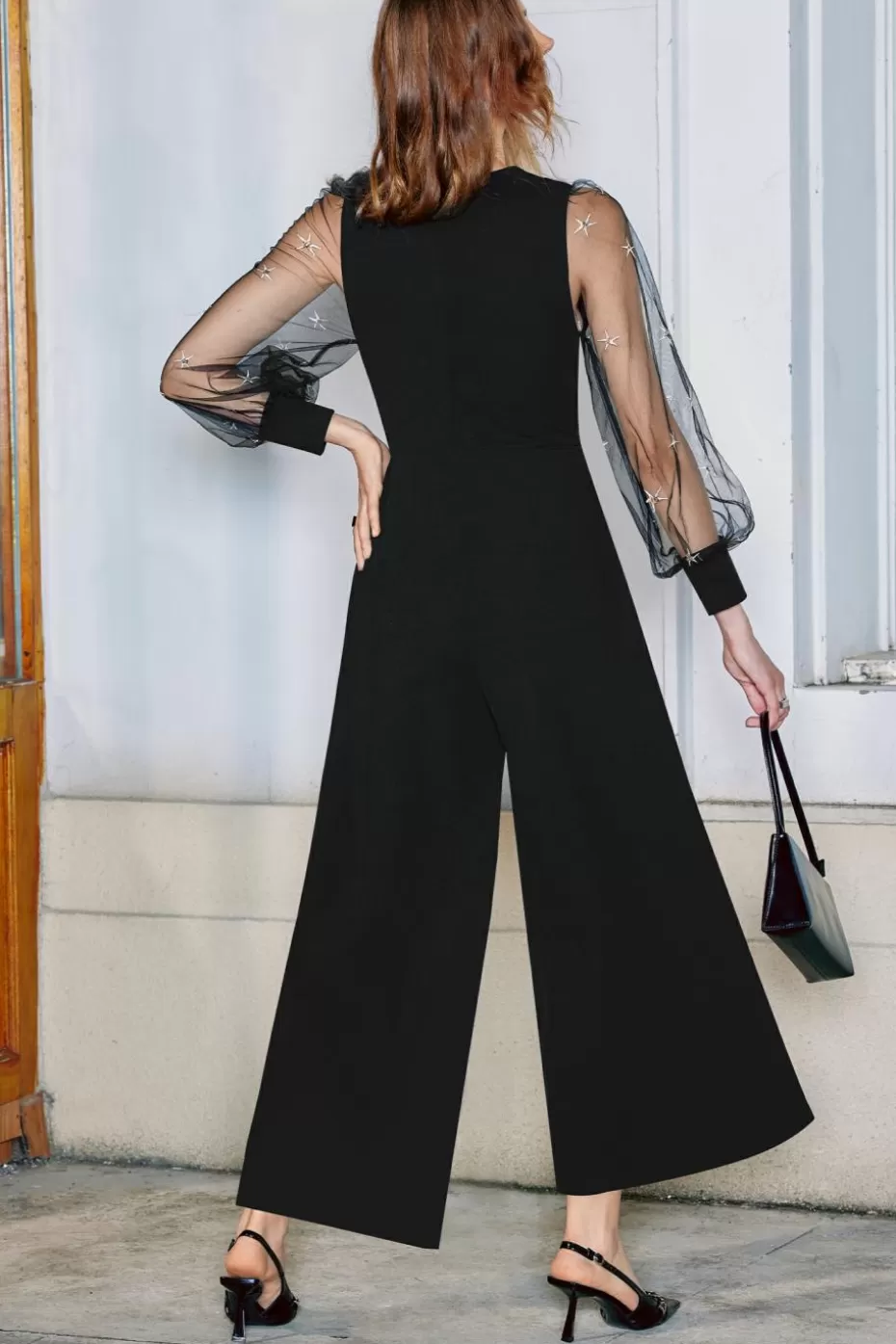 Hot Cupshe Star Applique Sheer Sleeve Jumpsuit Black