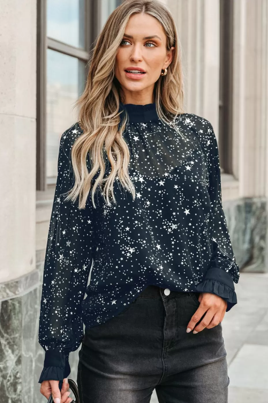 Best Cupshe Star Print Semi-Sheer Ruffled Top Navy
