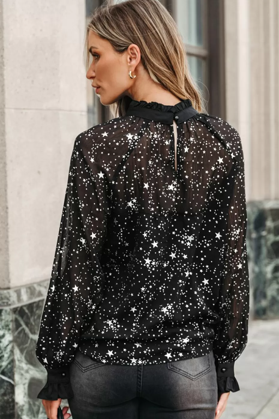 Store Cupshe Star Print Semi-Sheer Ruffled Top Black
