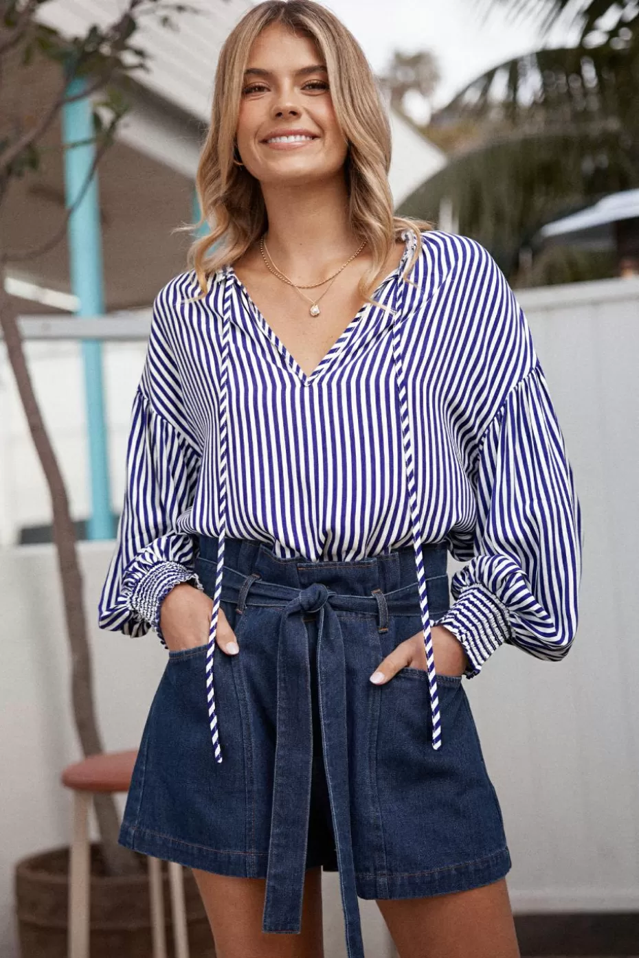 Best Sale Cupshe Striped Balloon Sleeve Top Blue