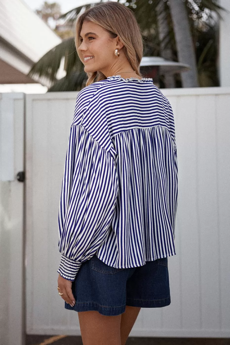 Best Sale Cupshe Striped Balloon Sleeve Top Blue