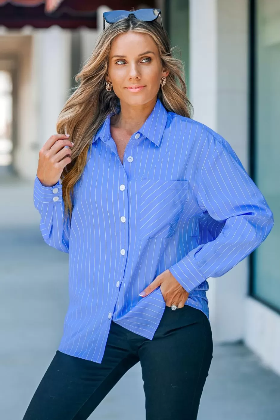 Online Cupshe Striped Button-Front Shirt Blue