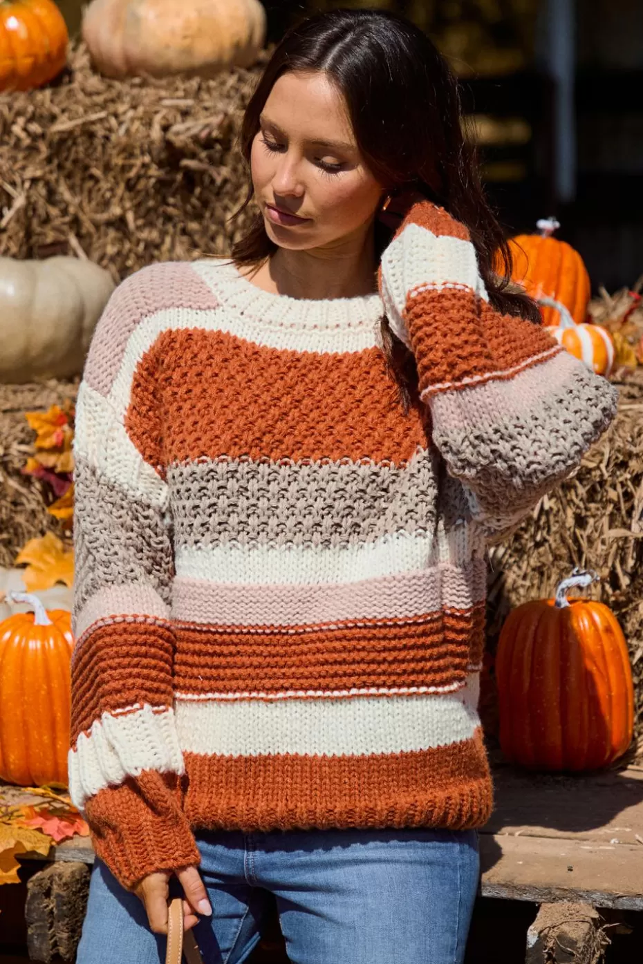 Sale Cupshe Striped Chunky Knit Long Sleeve Sweater Orange