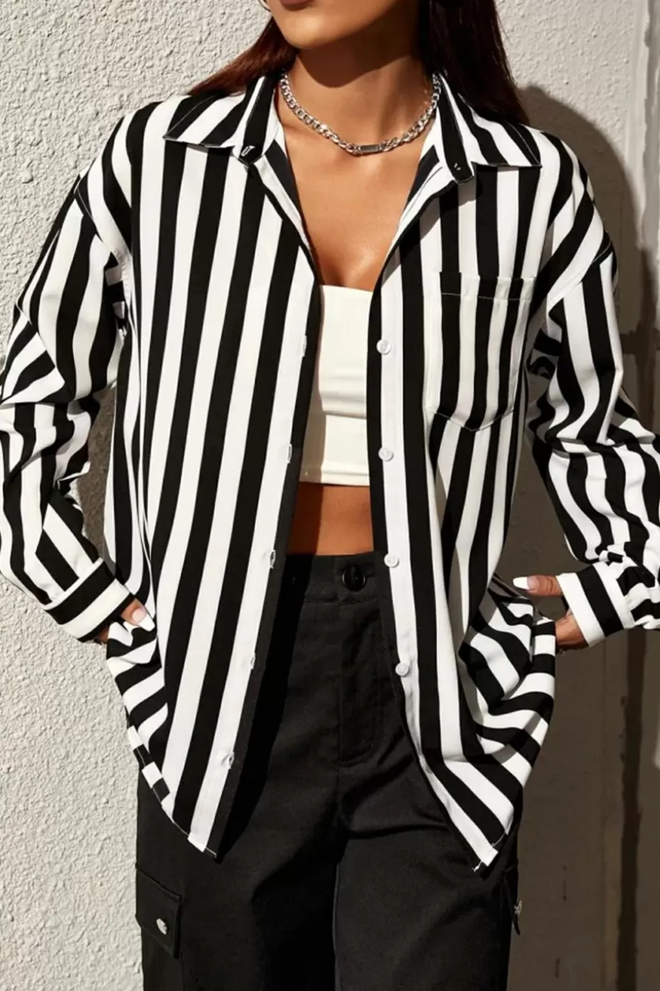 Clearance Cupshe Striped Collared Button-Up Blouse White
