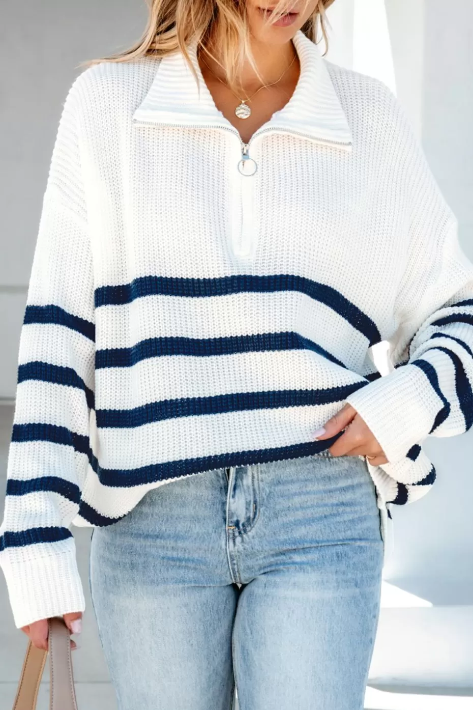 Shop Cupshe Striped Collared Front Zip Sweater White
