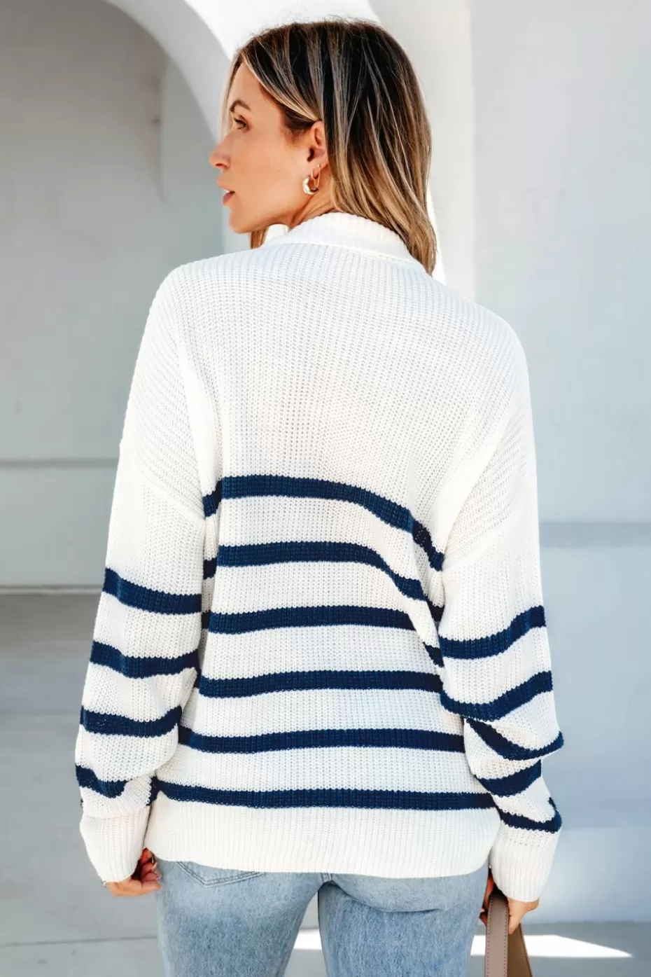 Shop Cupshe Striped Collared Front Zip Sweater White