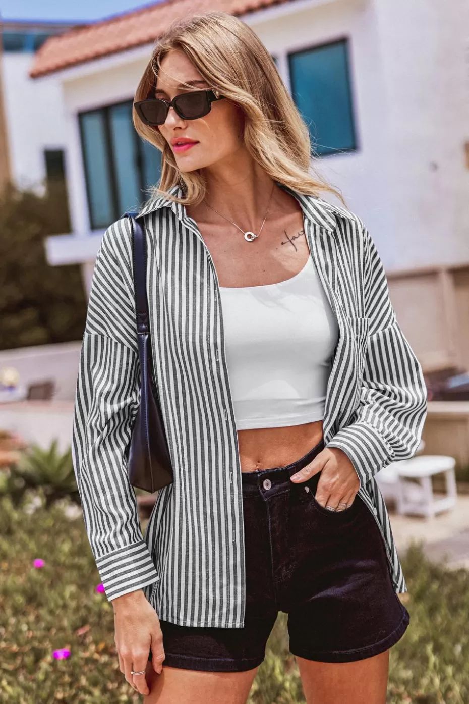 Shop Cupshe Striped Collared Long Sleeve Button-Up Top White