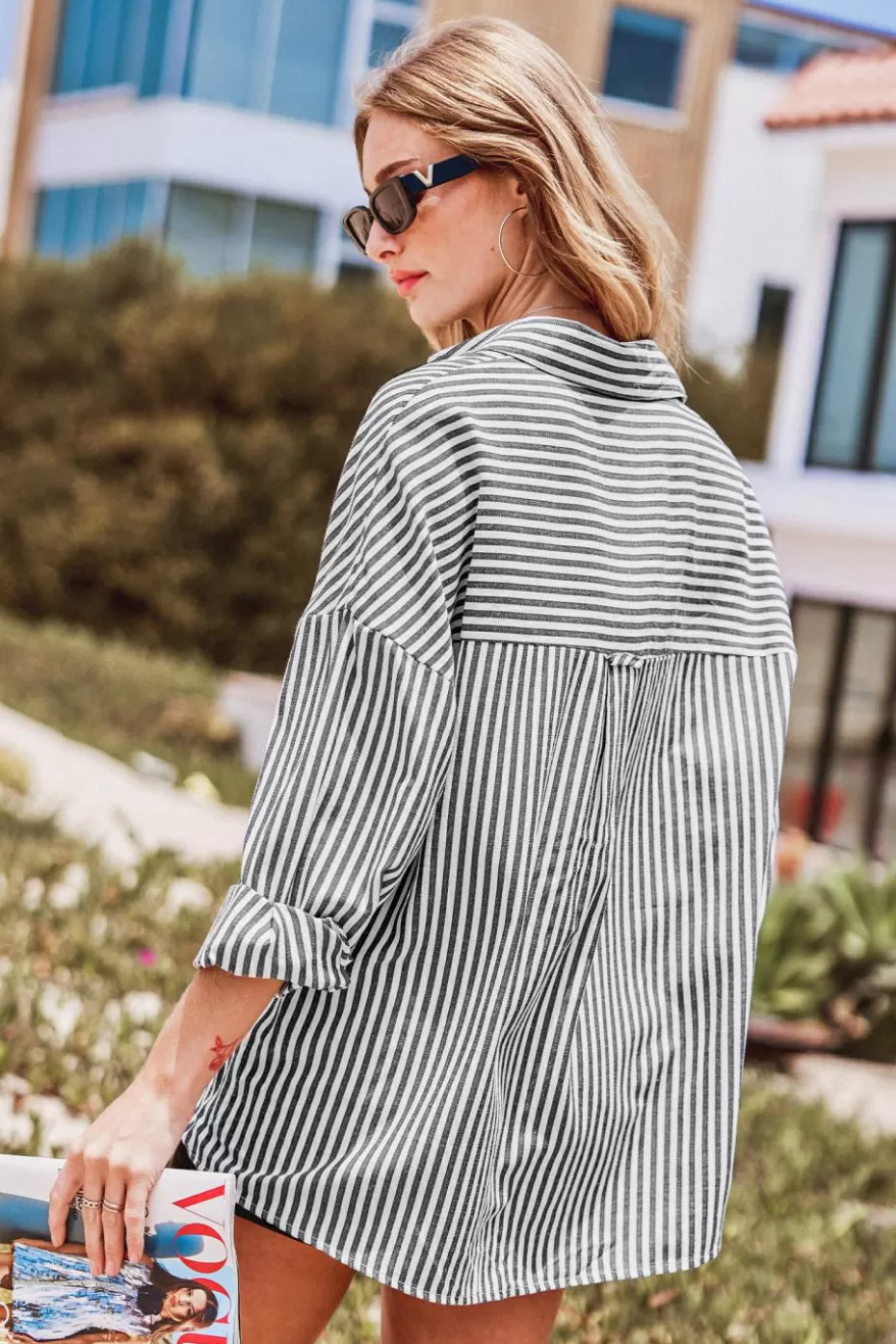 Shop Cupshe Striped Collared Long Sleeve Button-Up Top White