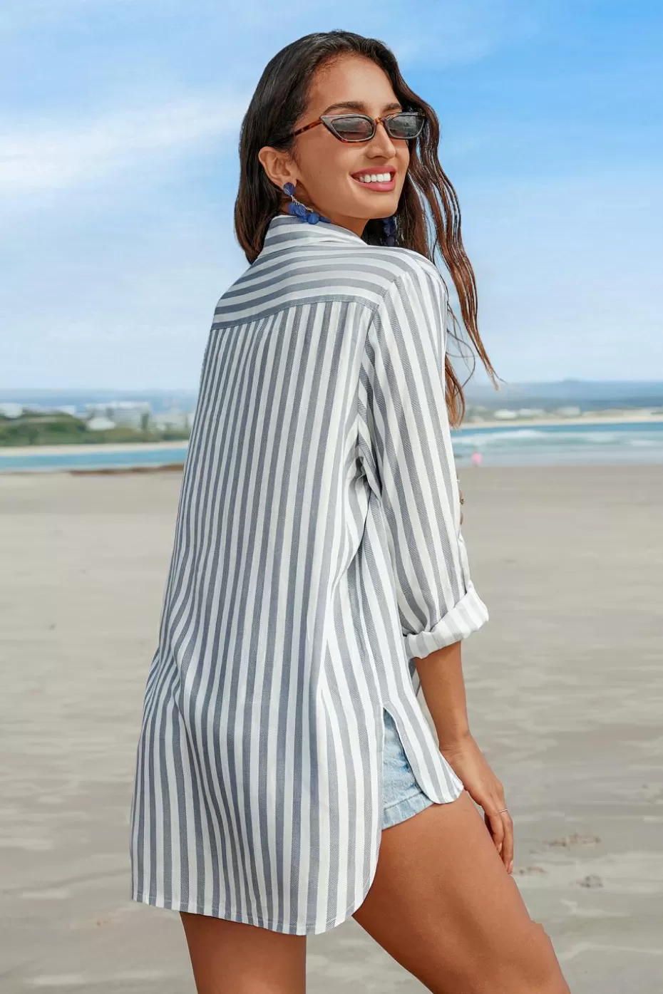 Store Cupshe Striped Collared Long Sleeve Cover-Up Blue