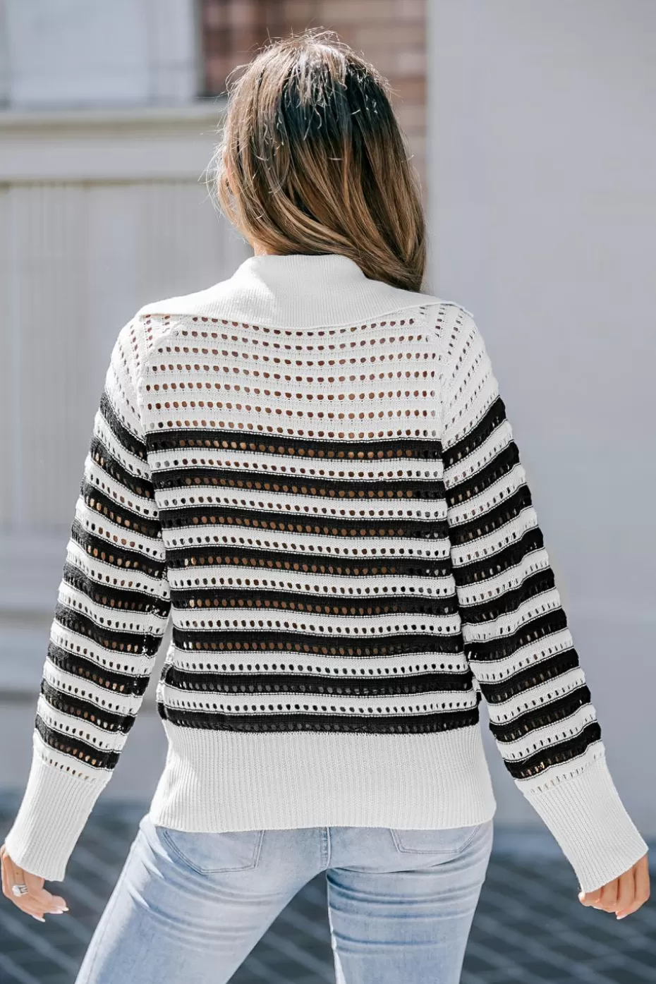 Shop Cupshe Striped Collared V-Neck Perforated Knit Sweater Neutral