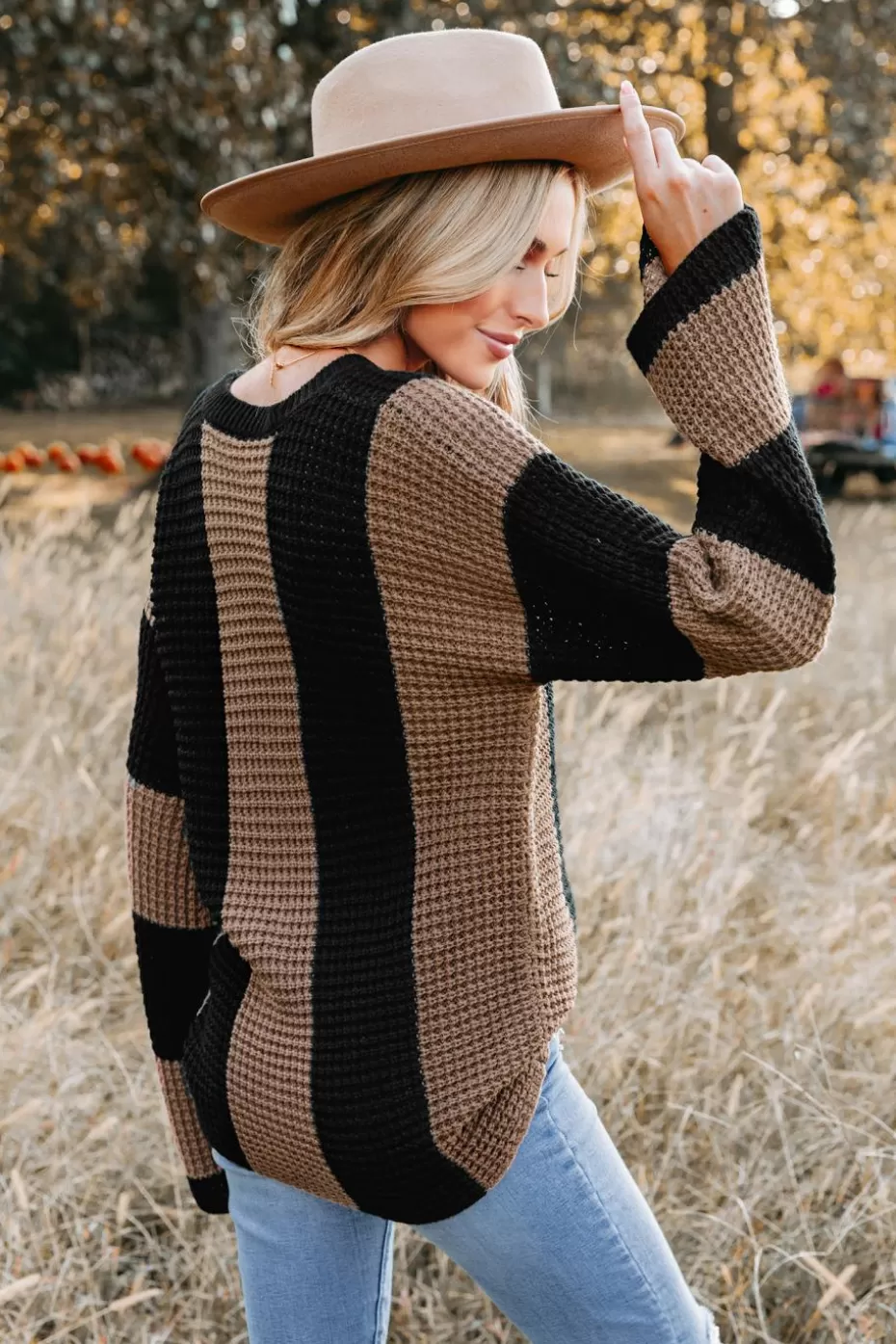 Outlet Cupshe Striped Colorblock Chunky Knit Sweater Camel