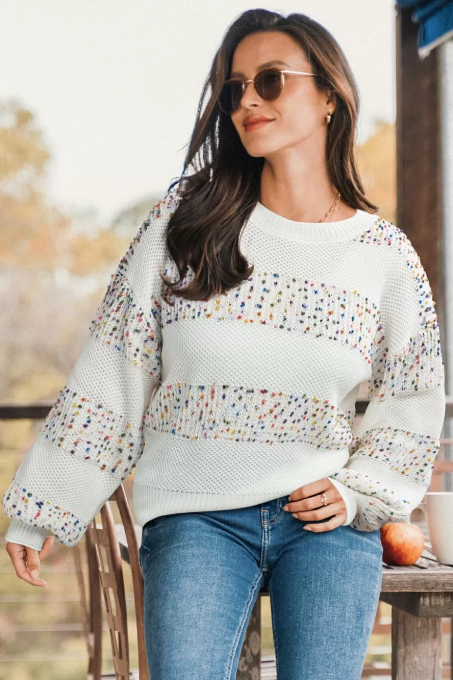Discount Cupshe Striped Confetti Knit Long Sleeve Sweater Off White/Ivory