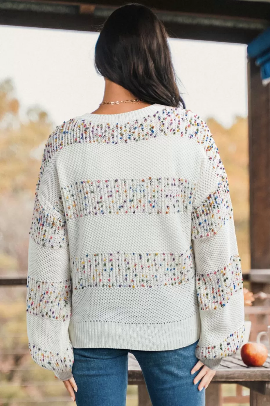 Discount Cupshe Striped Confetti Knit Long Sleeve Sweater Off White/Ivory