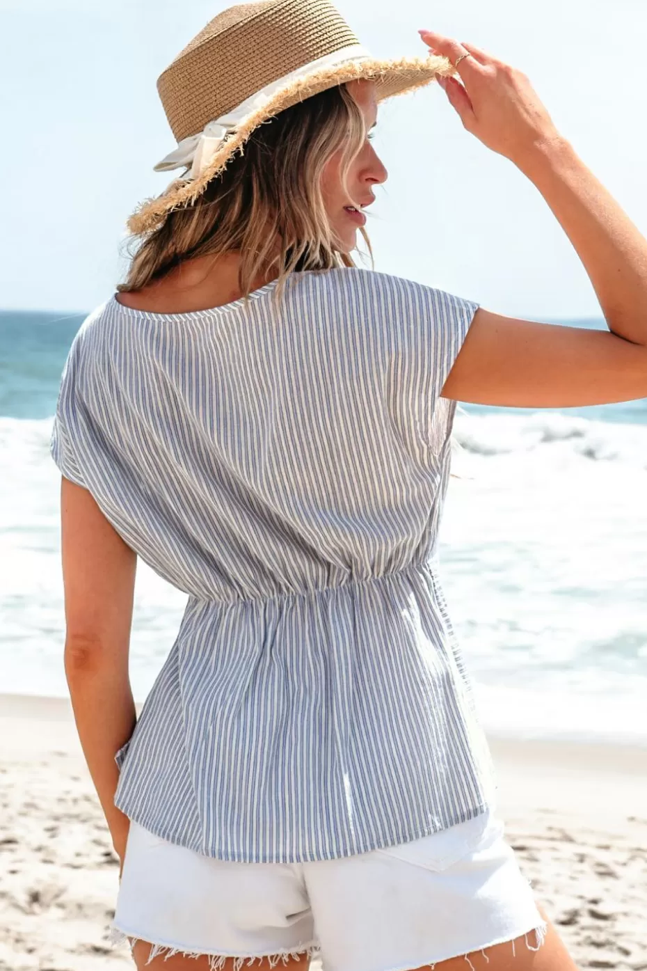 Cheap Cupshe Striped Cotton Round Neck Short Sleeve Twist Tee Blue
